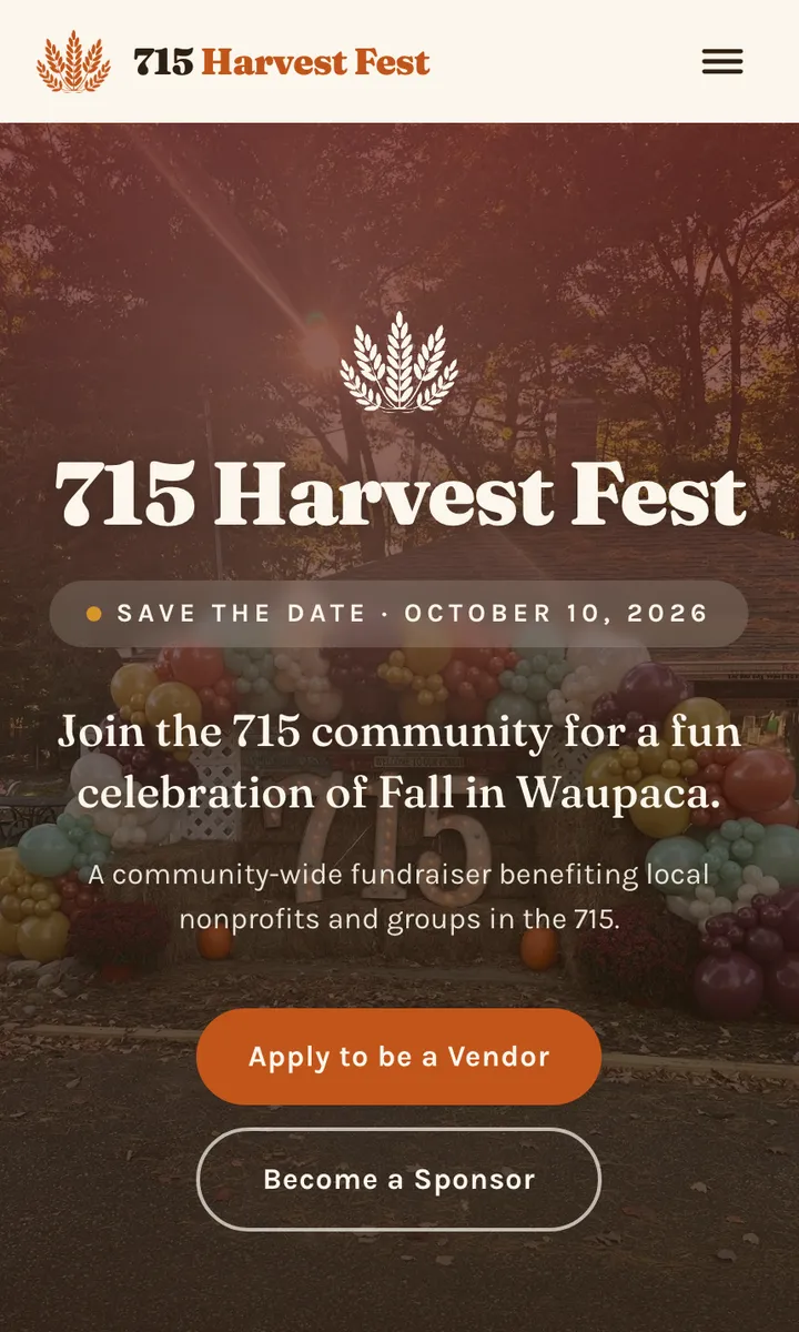 The 715 Harvest Fest event website for Waupaca, WI, shown on a phone