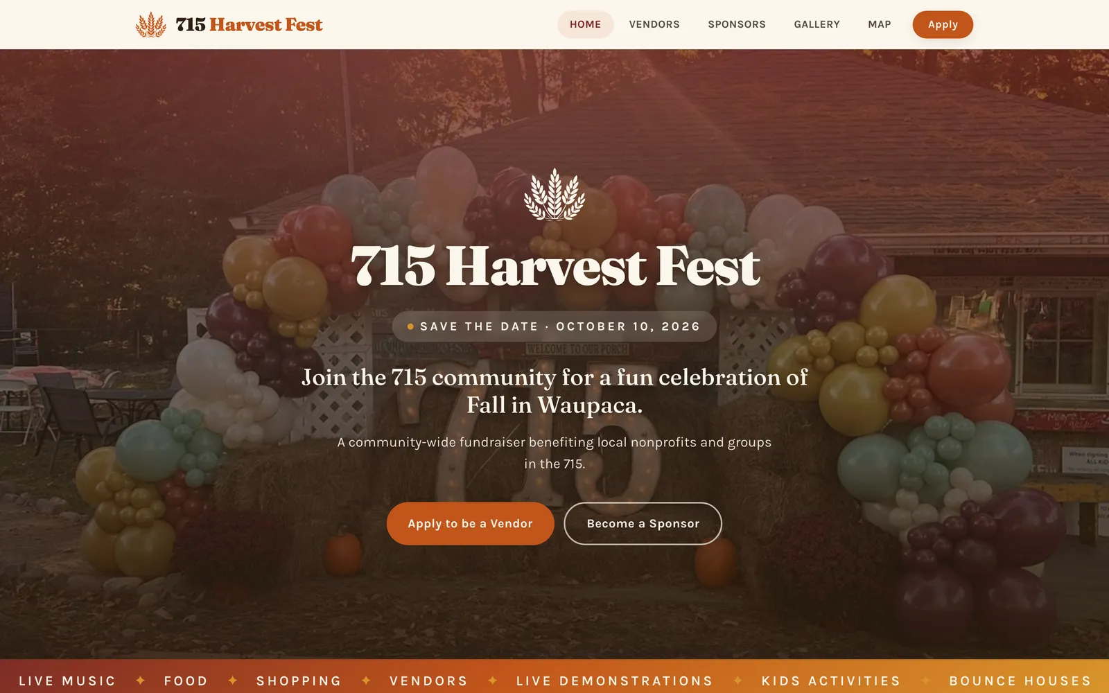 The 715 Harvest Fest event website for Waupaca, WI, shown on a phone