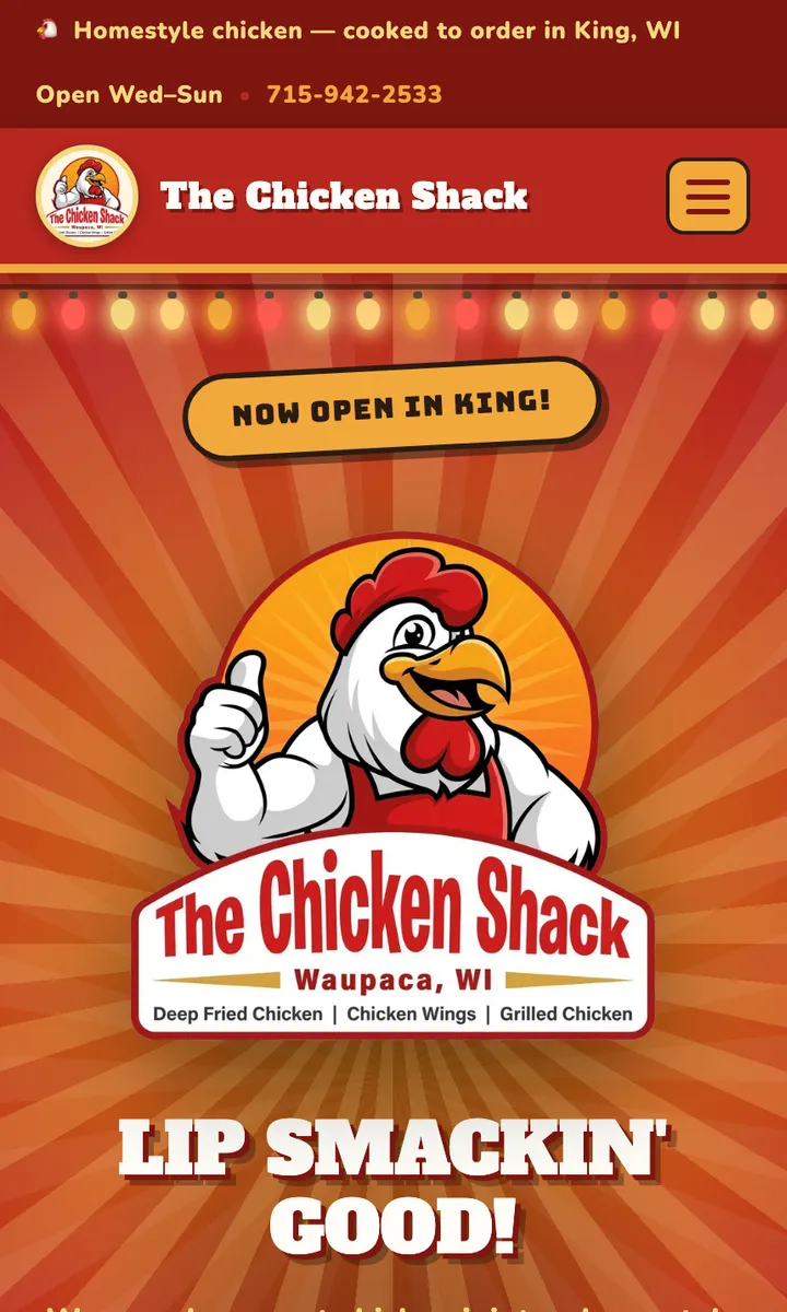 The Chicken Shack website, built for a Waupaca-area restaurant, shown on a phone