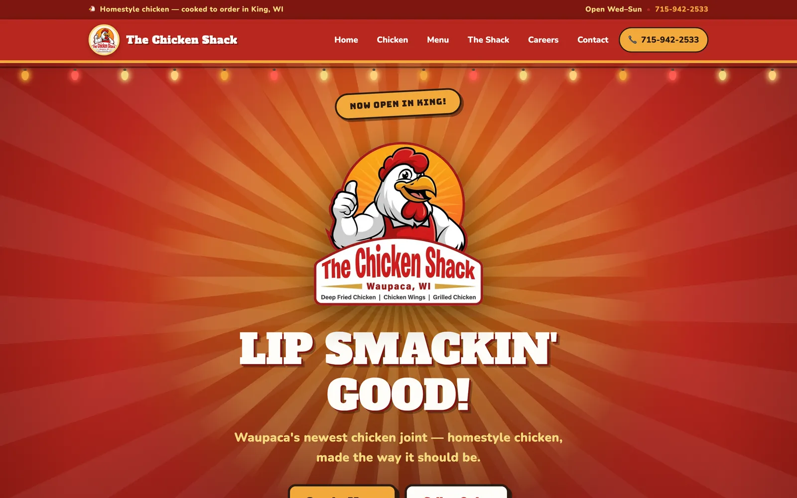The Chicken Shack website, built for a Waupaca-area restaurant, shown on a phone