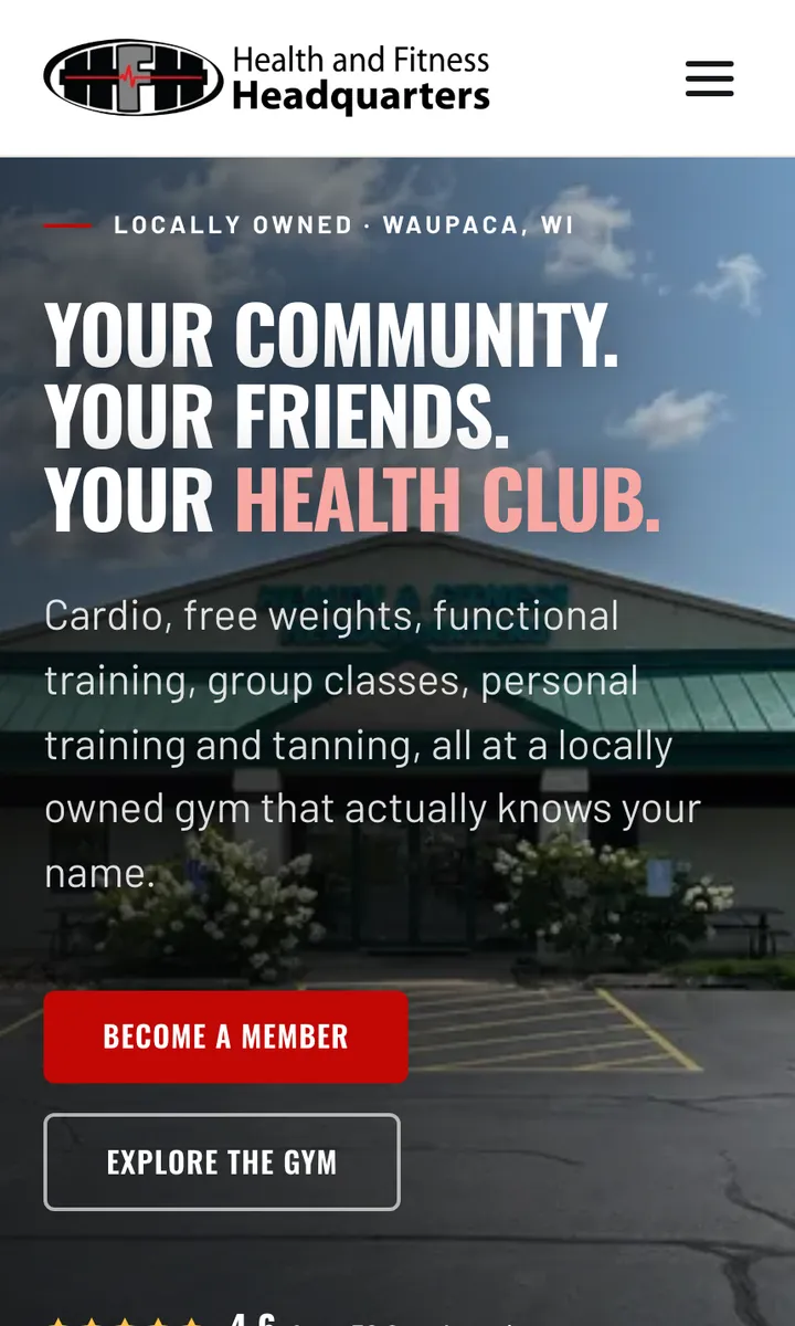 The Health & Fitness Headquarters website, built for a gym in Waupaca, WI, shown on a phone