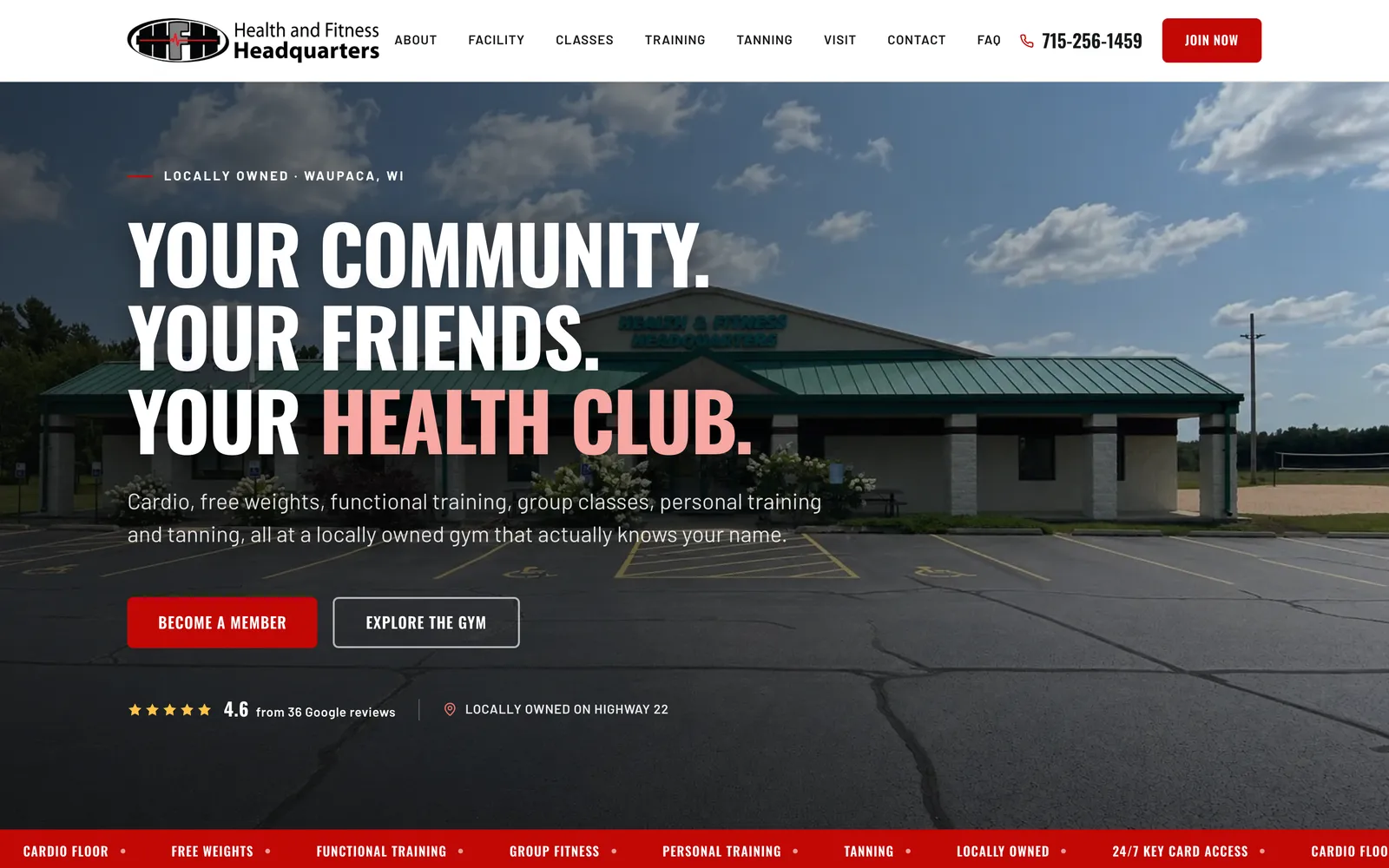 The Health & Fitness Headquarters website, built for a gym in Waupaca, WI, shown on a phone