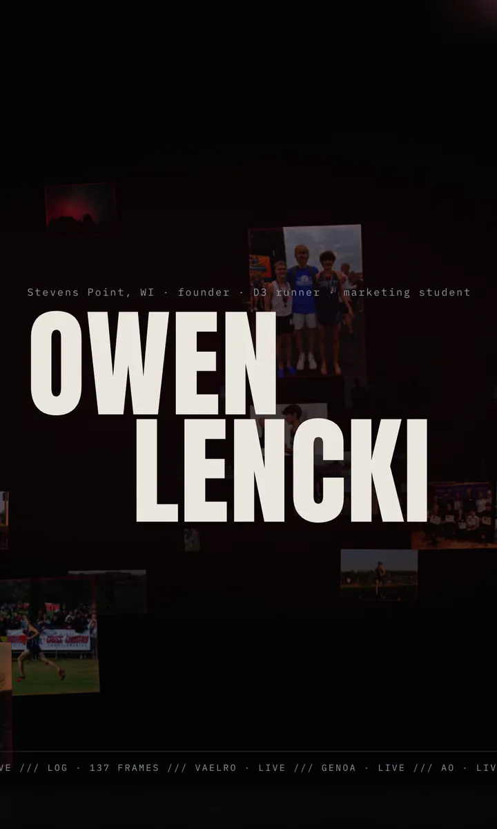 The Owen Lencki personal site: his name over a collage of running photos