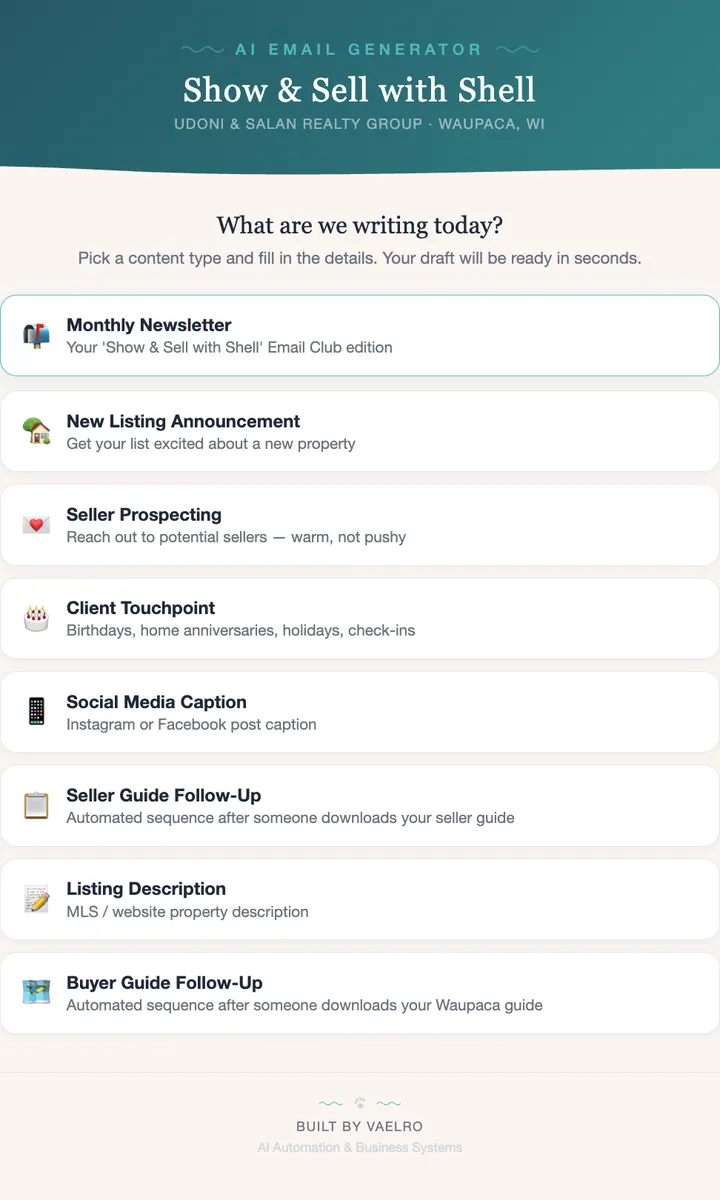 The AI email generator built for United Country Udoni & Salan Realty Group in Waupaca, WI