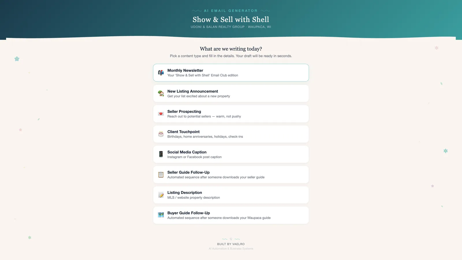 The AI email generator built for United Country Udoni & Salan Realty Group in Waupaca, WI